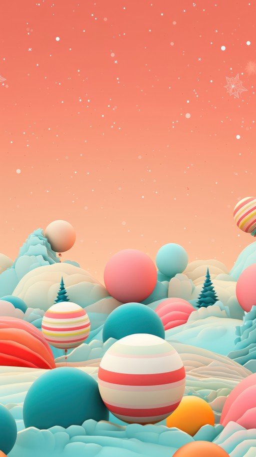 Whimsical Candy Land Landscape with Spheres and Snowflakes
