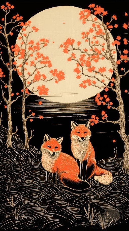 Two Foxes Under a Full Moon with Autumn Leaves
