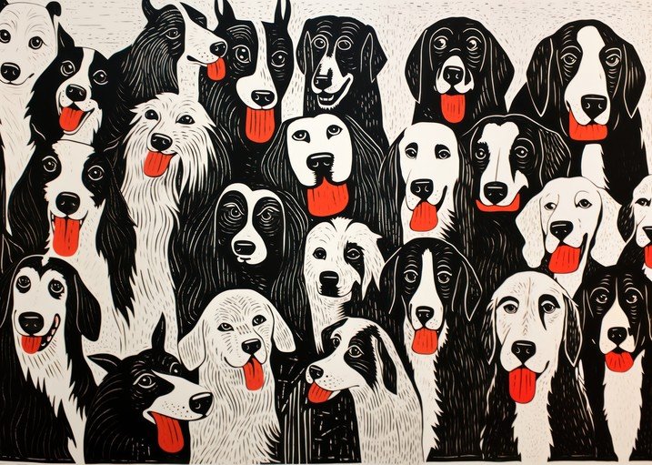 Diverse Dog Faces in Bold Black and White with Red Accents