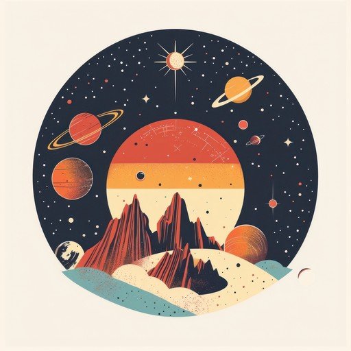 Retro Space Landscape with Planets and Mountains