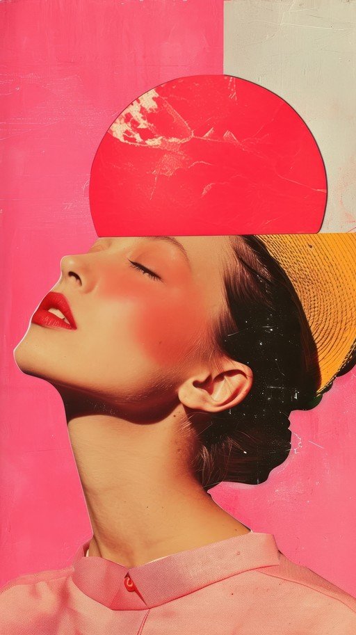 Collage of Woman's Face with Red Sun and Pink Background