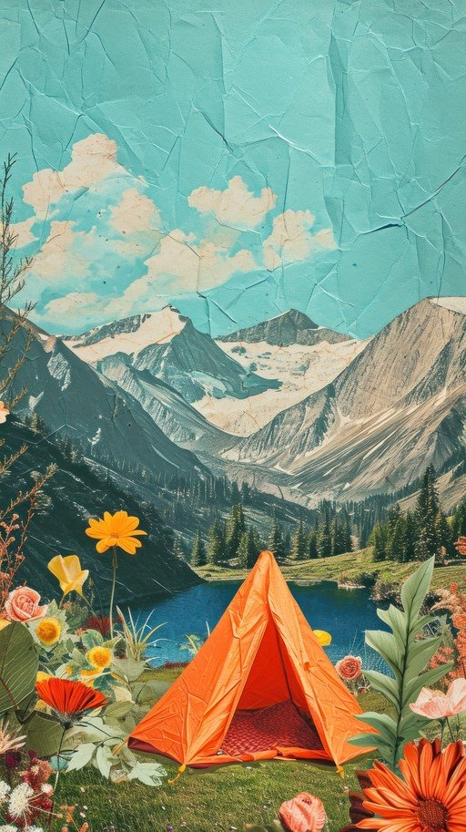 Collage of Mountain Landscape with Tent and Flowers