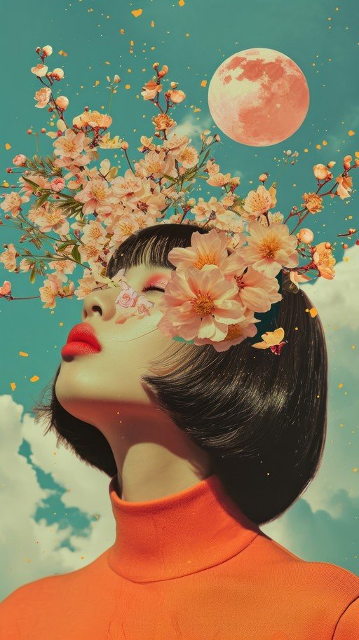 Woman with Flowers in Hair and Moon in Sky