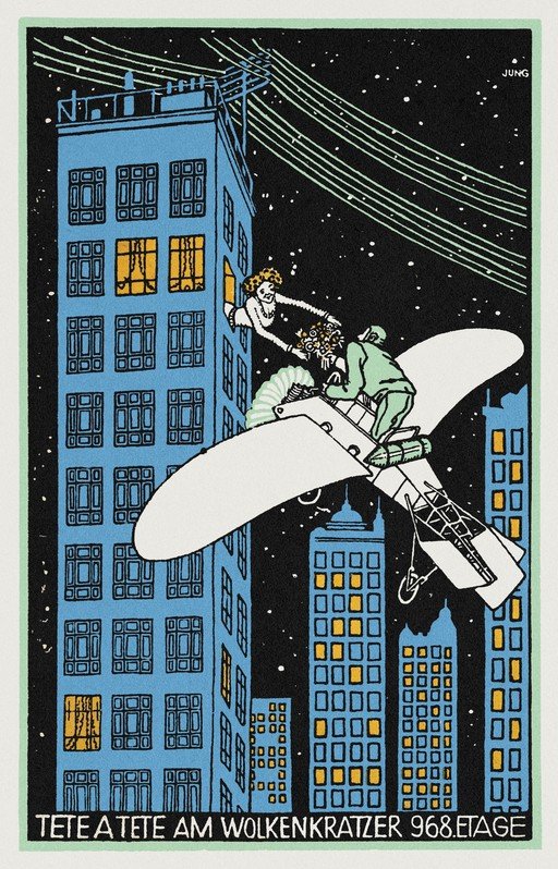 Art Nouveau Couple in Biplane Over Cityscape