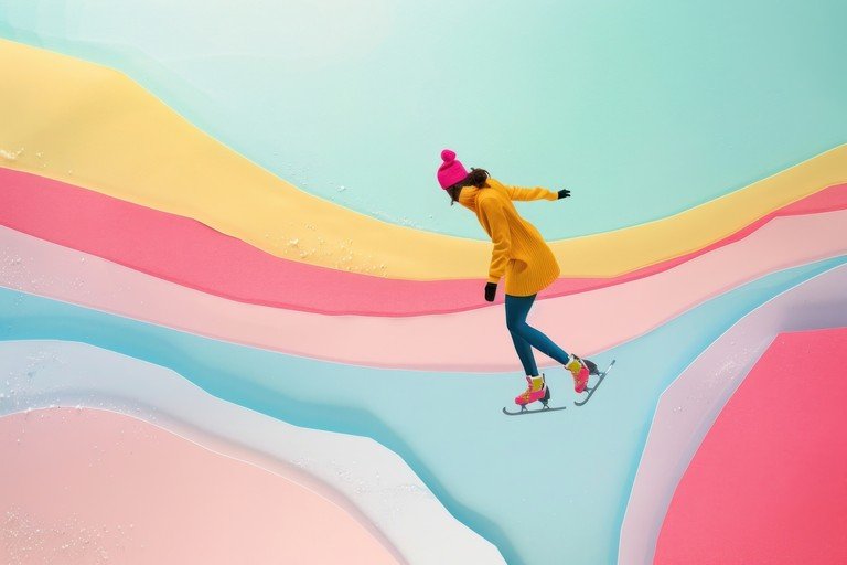 Woman Ice Skating on Colorful Abstract Landscape