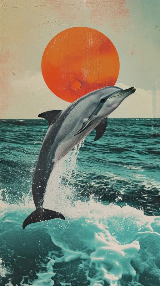 Dolphin Leaping Through Ocean Waves Under a Large Sun
