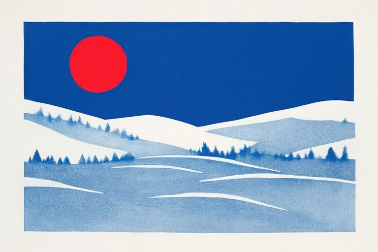 Minimalist Winter Landscape with Red Sun