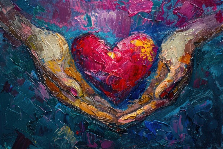 Hands Holding a Vibrant Heart in Oil Paint
