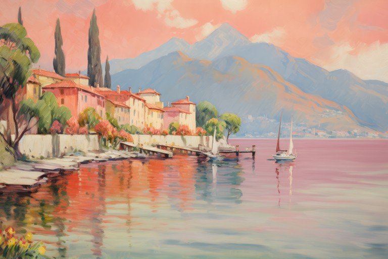 Impressionist Painting of Italian Lakeside Village at Sunset