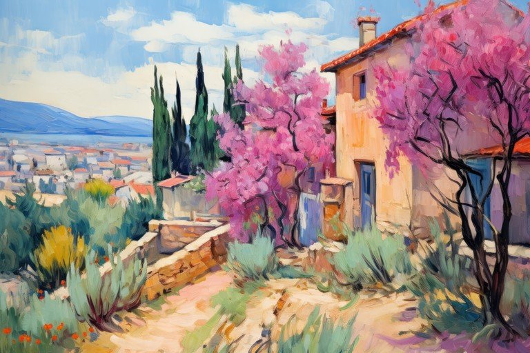 Mediterranean Villa with Blooming Cherry Blossoms