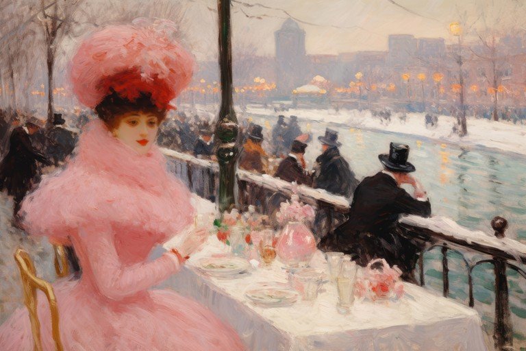 Elegant Woman in Pink at a Snowy Parisian Cafe