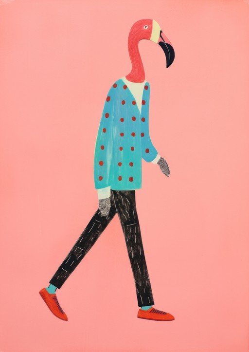 Whimsical Flamingo in Polka Dot Shirt and Trousers