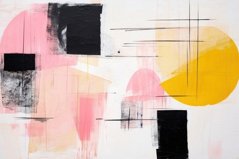 Abstract Geometric Painting with Pink, Yellow, and Black