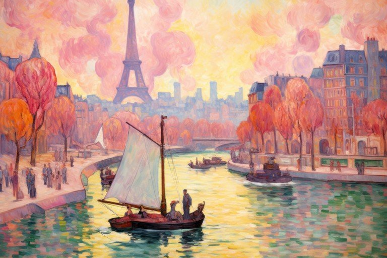 Impressionist Paris Scene with Eiffel Tower and Seine River