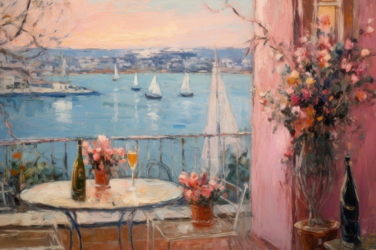 Balcony View with Sailboats and Champagne