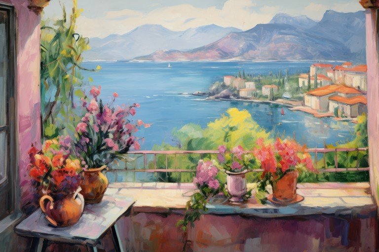 Balcony View of Mediterranean Coastal Town with Flowers