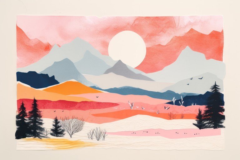 Abstract Mountain Landscape with Sun and Trees