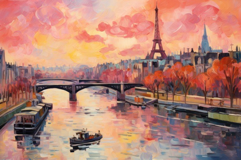 Impressionist Painting of Paris Seine River at Sunset