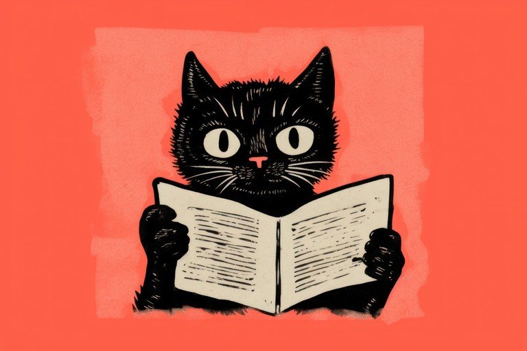 Black Cat Reading a Book Illustration