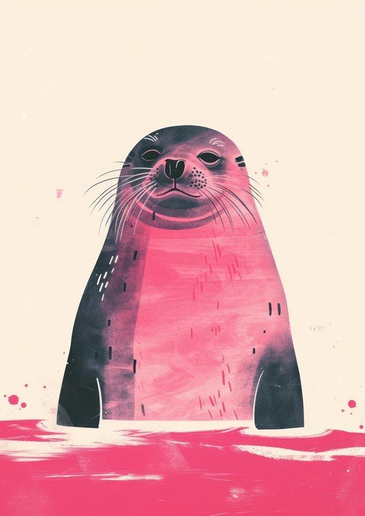 Stylized Seal Illustration in Pink and Dark Tones