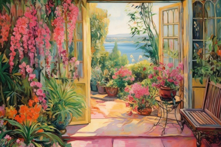 Impressionist Garden View with Lake and Flowers
