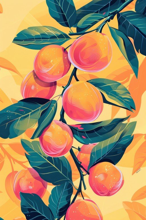 Vibrant Peaches on a Branch with Lush Green Leaves