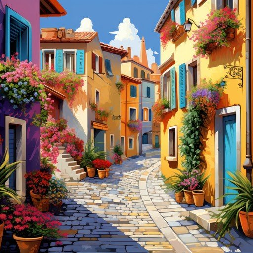 Vibrant Italian Street Scene with Blooming Flowers