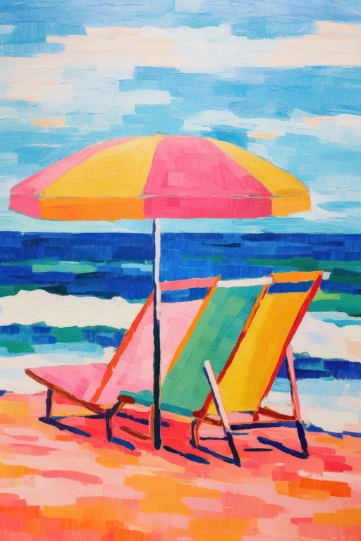 Vibrant Beach Scene with Chairs and Umbrella