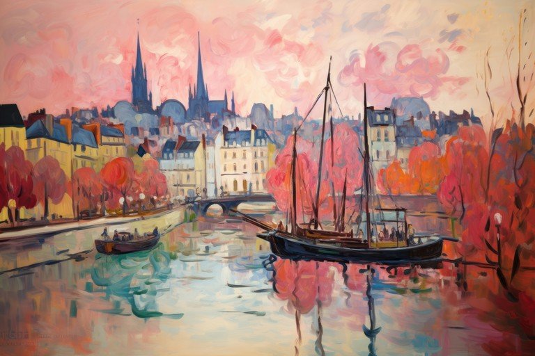 Impressionist River Scene with Sailboat and Cityscape