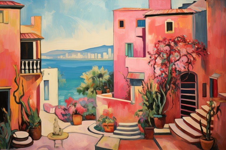 Vibrant Mediterranean Courtyard Painting with Ocean View