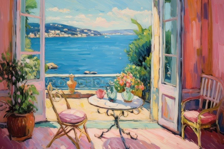 Vibrant Mediterranean Balcony Scene with Sea View
