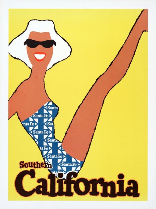 Vintage Southern California Travel Poster with Woman in Swimsuit
