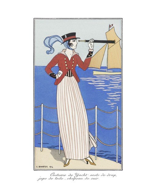 Art Deco Woman in Yachting Attire with Telescope