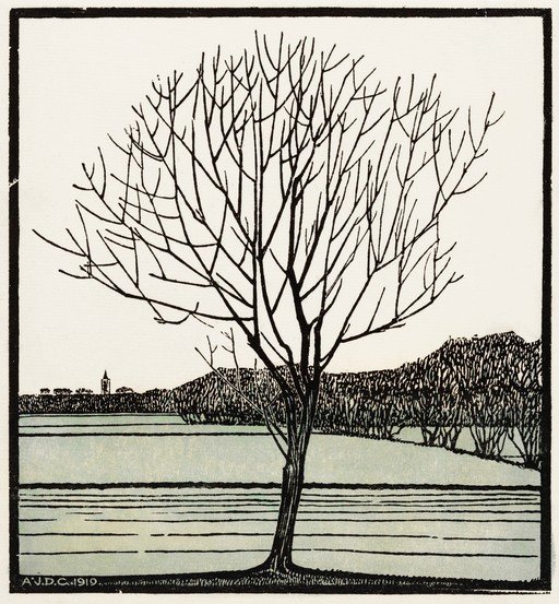 Bare Tree by Water with Distant Village