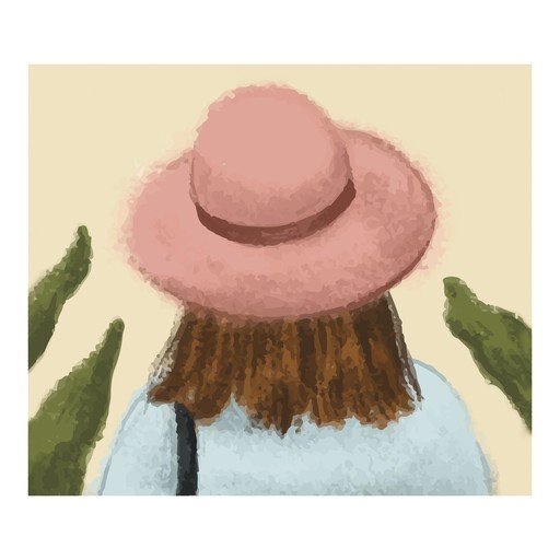 Woman in Pink Hat and Blue Top, Viewed from Behind
