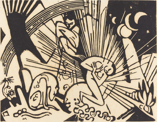 Expressionist Woodcut of Figures in Dramatic Light
