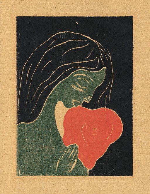 Woman with Red Flower Woodcut