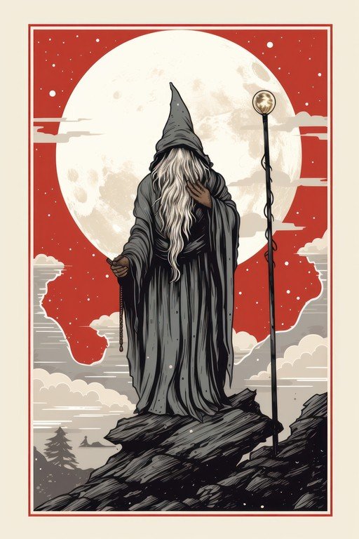 Mysterious Wizard Standing on Rocks Under a Full Moon