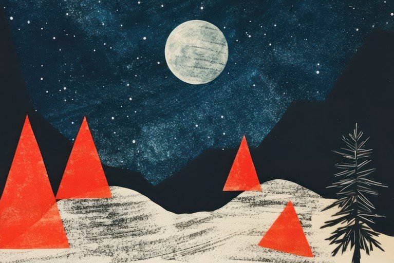 Whimsical Winter Night Landscape with Moon and Stars