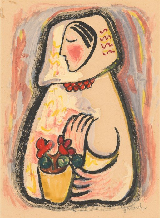 Woman Holding Potted Flowers in Folk Art Style