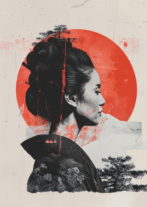 Geisha Portrait with Red Sun and Pine Trees