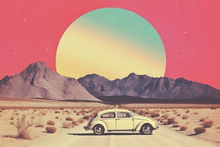 Retro VW Beetle in Desert Landscape with Surreal Sunset