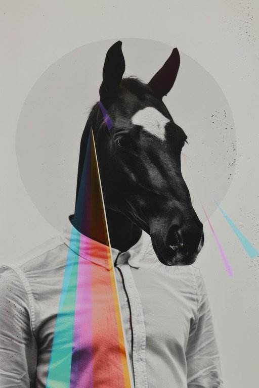 Surreal Horse Head on Human Body with Rainbow Prism Effect