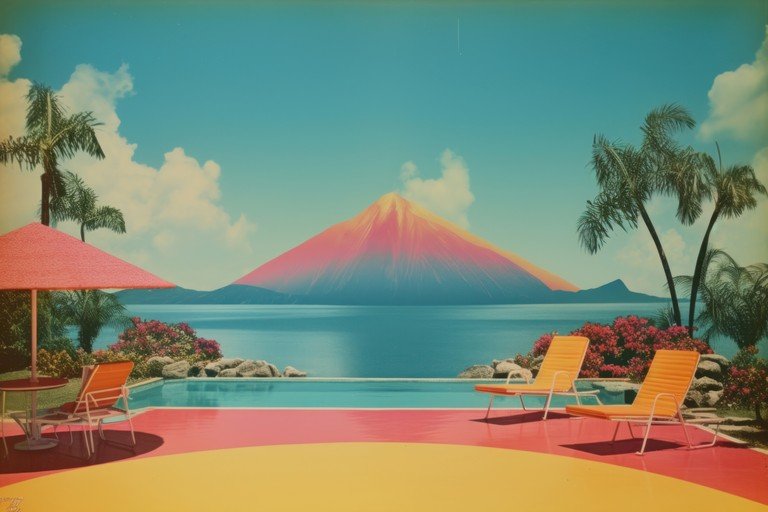 Retro Tropical Paradise with Volcano View