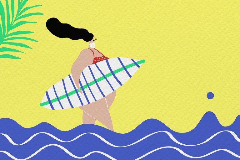 Surfer Girl with Surfboard on Yellow Background