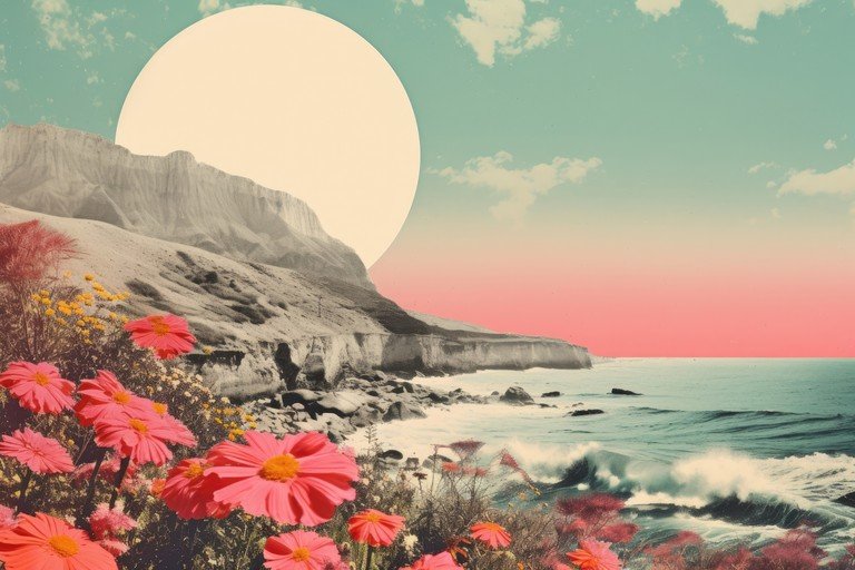 Surreal Coastal Landscape with Flowers and Large Moon