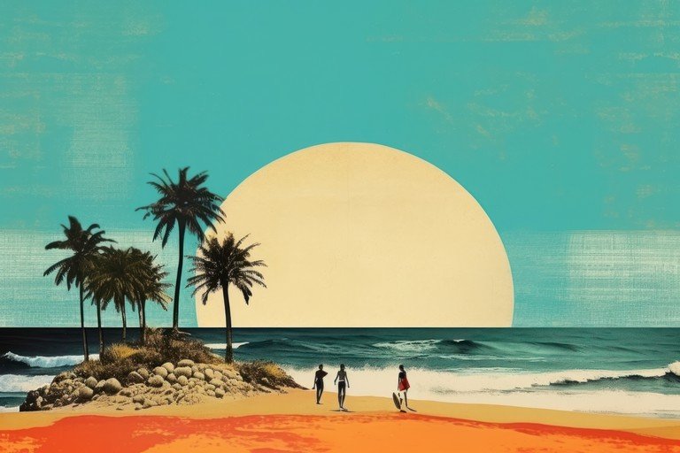 Retro Beach Scene with Palm Trees and Surfers