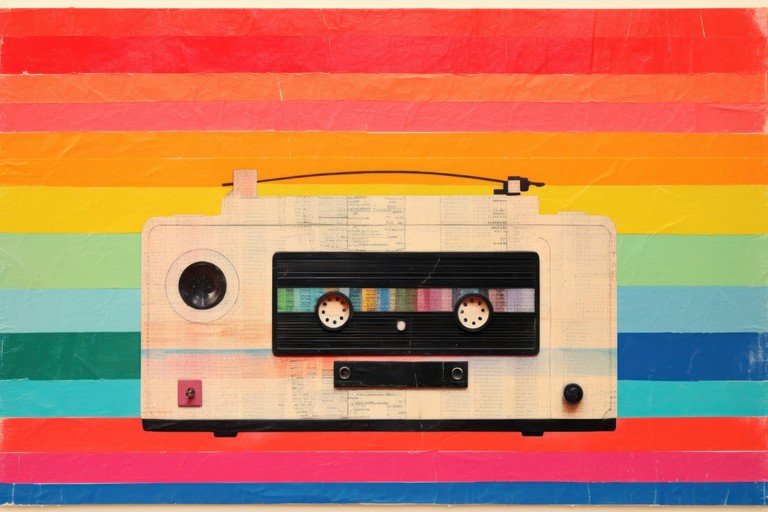 Retro Cassette Player Art on Rainbow Background