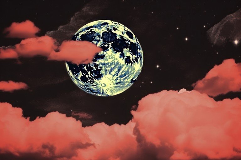 Surreal Moon and Red Clouds in Starry Night Sky