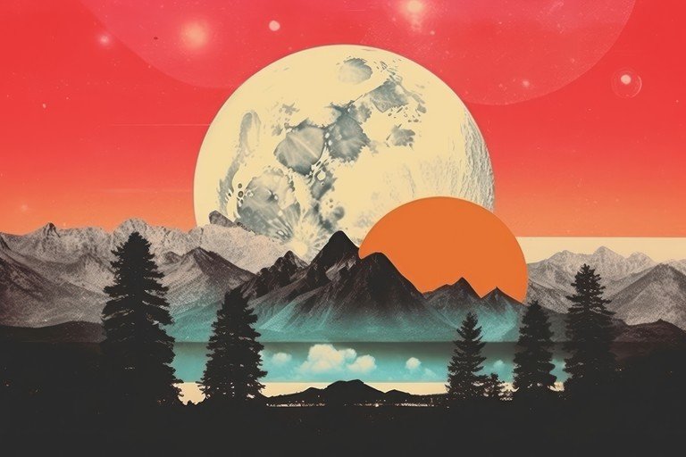Surreal Mountain Landscape with Large Moon and Sun